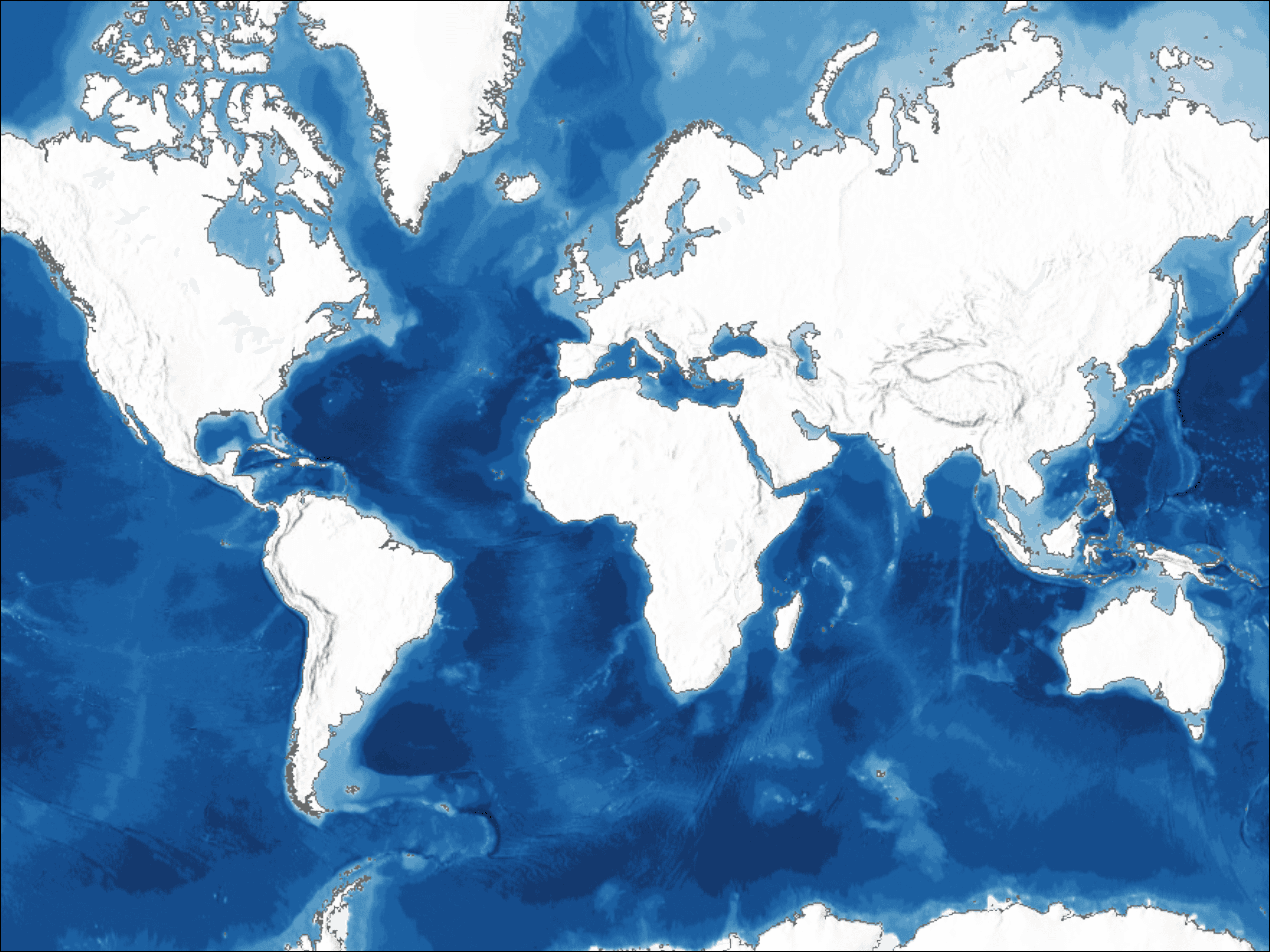 Full global marine basemap displaying ocean bathymetry worldwide with smooth blue depth gradient and mid-ocean ridge and trench terrain visible across all major ocean basins